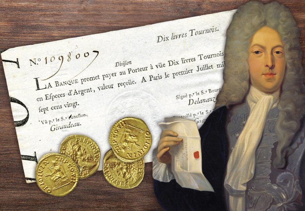 A collage of John Law, some gold coins and a French cheque