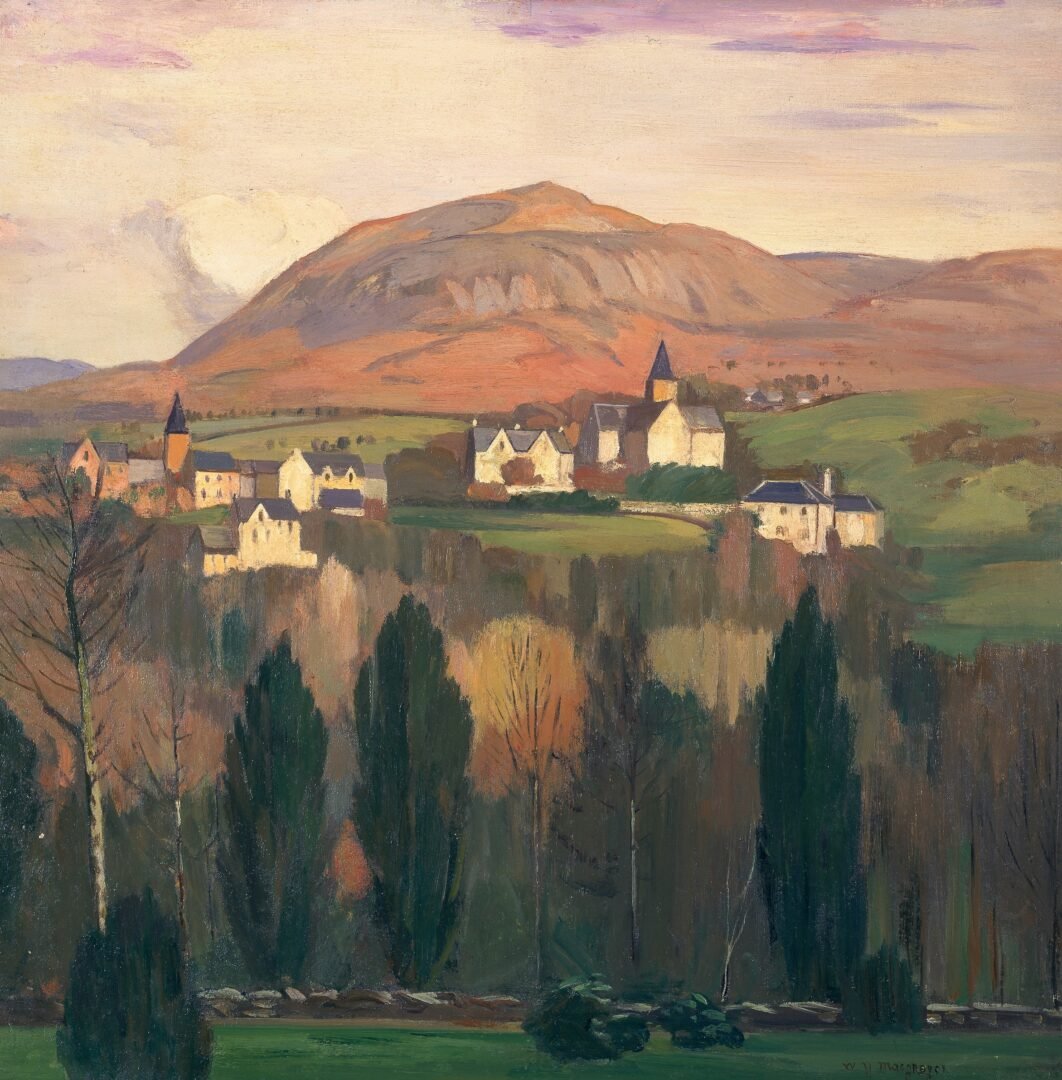 A painting showing white buildings and churches on a grassy hill beyond trees, with hills and a grey sky in the background