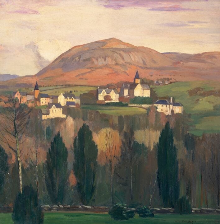 A painting showing white buildings and churches on a grassy hill beyond trees, with hills and a grey sky in the background