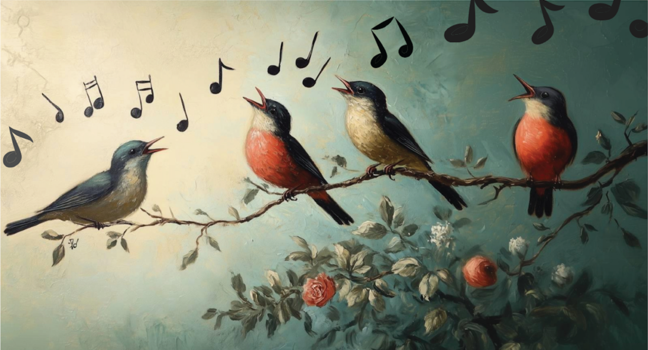 A painting of songbirds on a branch with berries beneath and musical notes above them