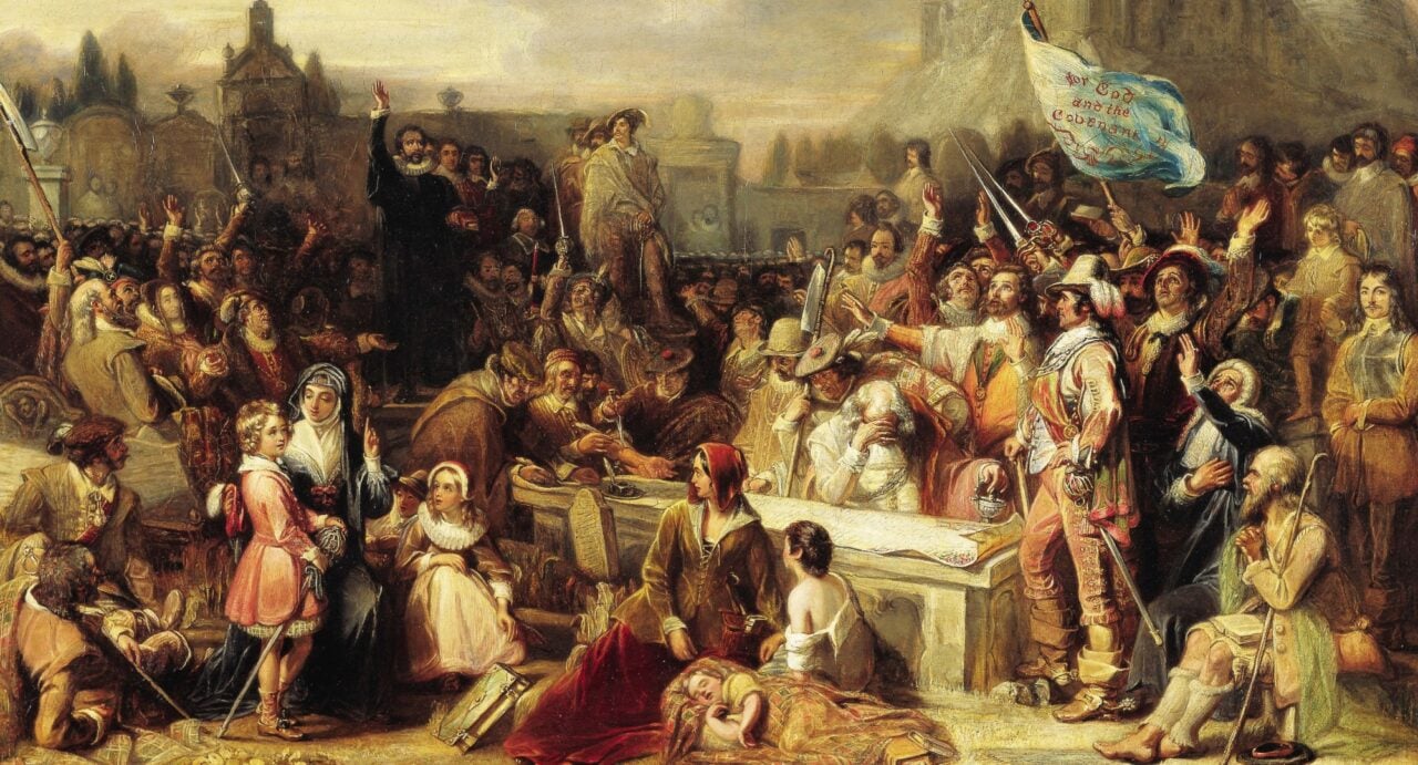 A painting of a crowd of people, some in clothes of the wealthy, some not, around a gravestone in the Kirkyard, on which a scroll of paper is unfurled. Buildings can be seen in the background.