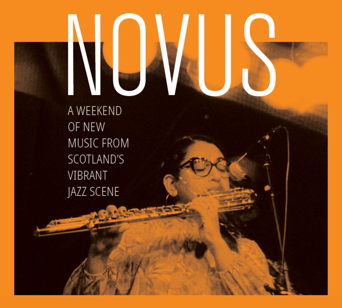 Poster advertising NOVUS, featuring woman playing instrument.