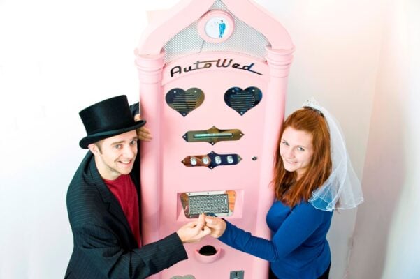 Novelty wedding vending machine called Auto Wed and Bride and Groom at Camera Obscura