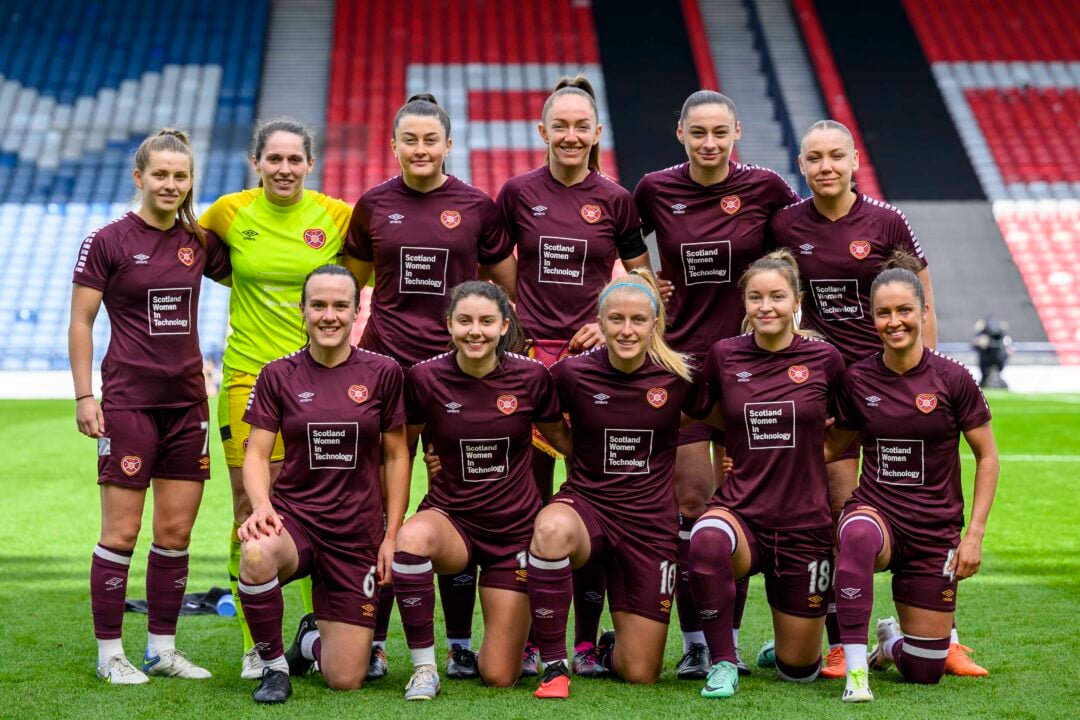 Hearts women's team lined up wearing their strips during the Scottish Gas Scottish Cup semi final between Spartans Women and Hearts Women at Hampden Park, Glasgow, on 28 April 2024.