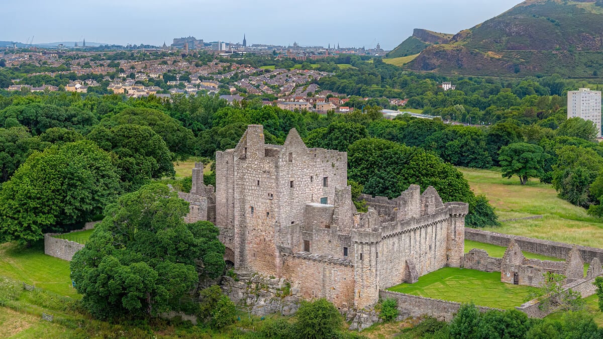 Craigmillar Castle with Arthur Seat and Edinburgh Skyline in background