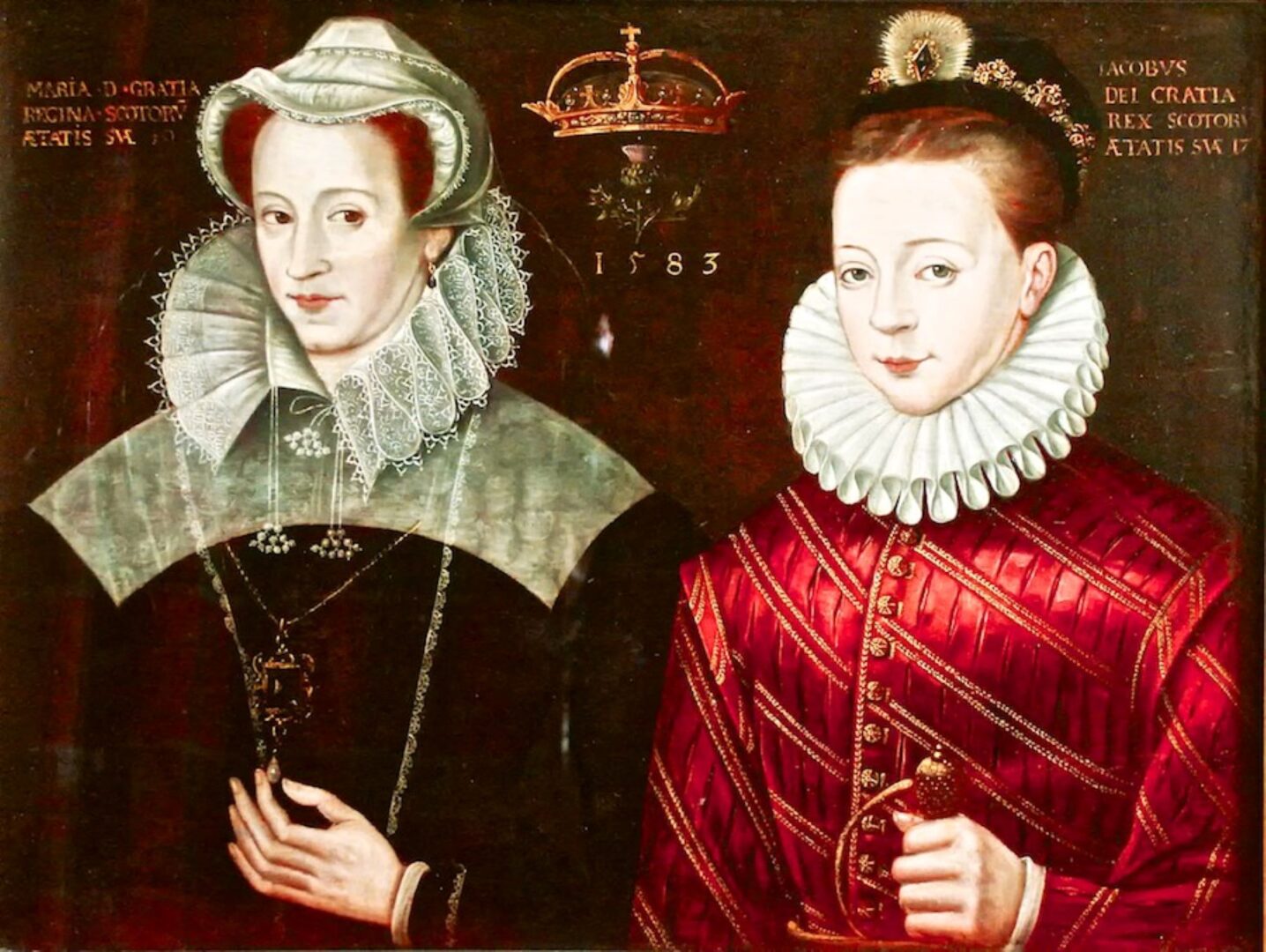 Painting of 2 figures in traditional 16th century clothing.