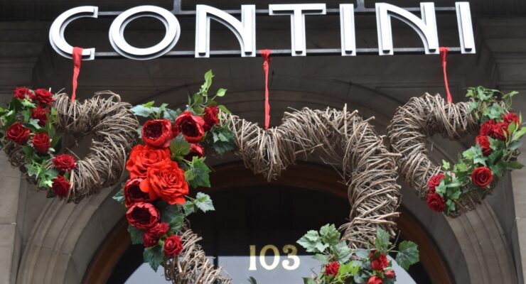 Entrance for Contini on George Street with HEart decorations