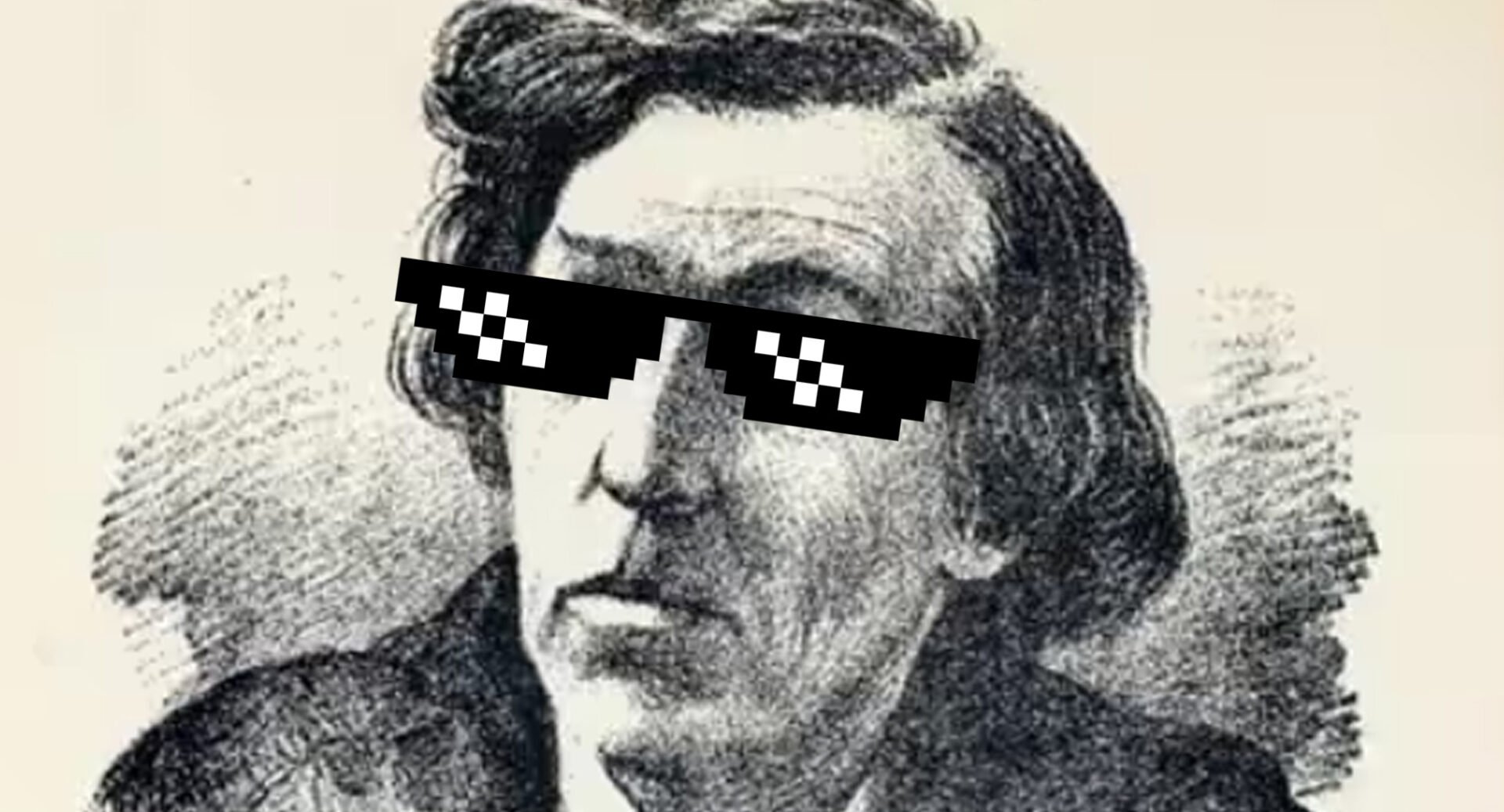 Black and white drawn image of man with curly hair. He is wearing a pair of superimposed sunglasses.