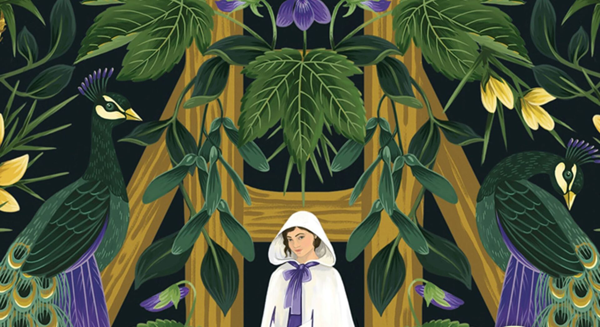 Cartoon image of a woman wearing a white hooded cloak standing in a forest. On either side of her are peacocks.