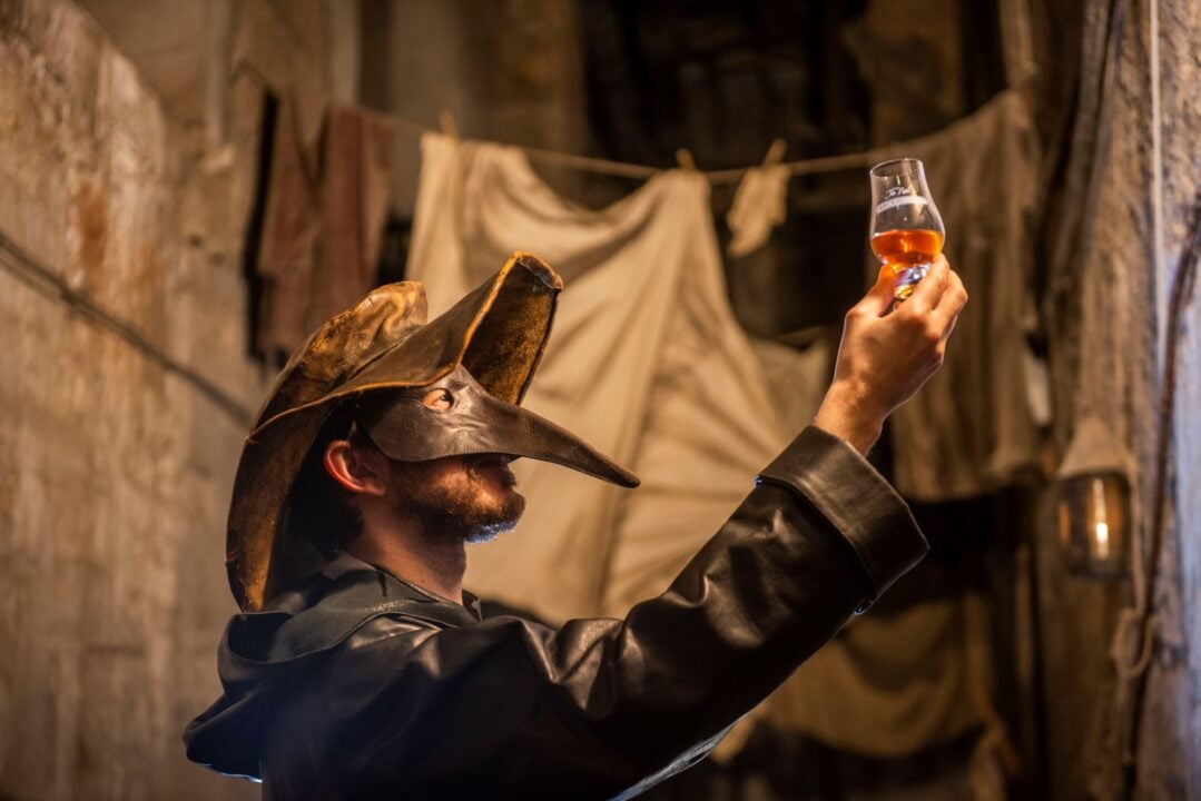 Person wearing a mask with a pointy nose holding aloft a small glass filled with amber liquid.