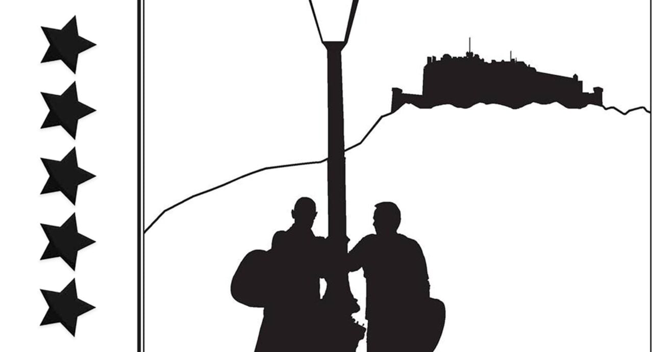 Black silhouette image of 2 men leaning against a lamppost, with the outline of a castle in the background.