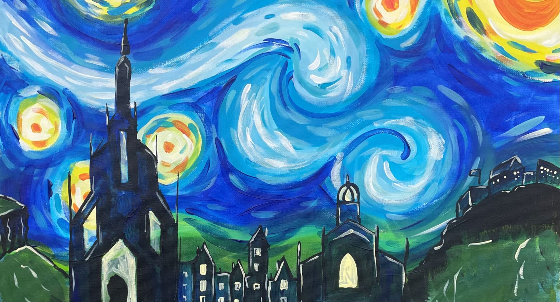 Painting with swirly blue sky and dark silhouettes of buildings in the foreground.