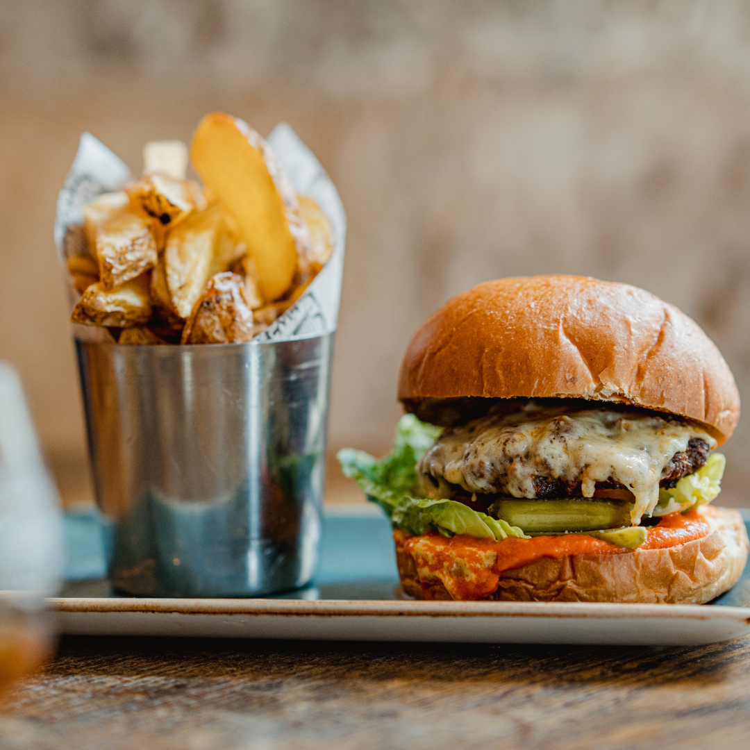 Burger and Fries at The Kaleidoscope Bar