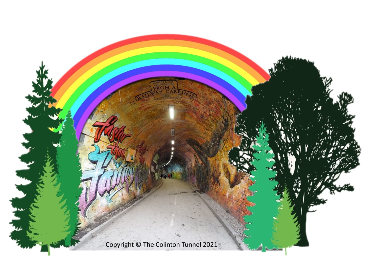 The logo, showing a stylised image from the entrance to the tunnel with a rainbow over the arch and fir trees at both sides