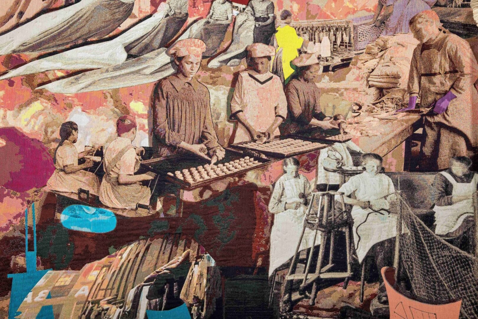 Large image featuring numerous images of women at work, eg. baking, weaving, gutting fish.