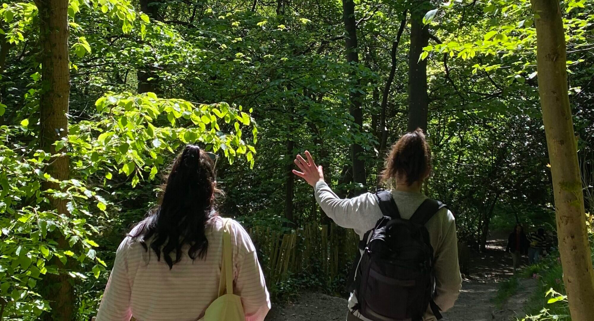 Two ladies walking through Hermitage of Braids woods