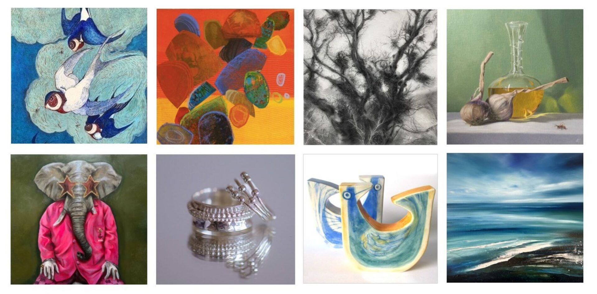 Montage of 8 boxes showing different art works