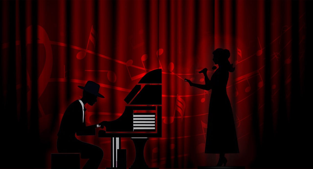 Silhouetted image of 2 people on stage, one singing and the other playing an organ, against a red background.