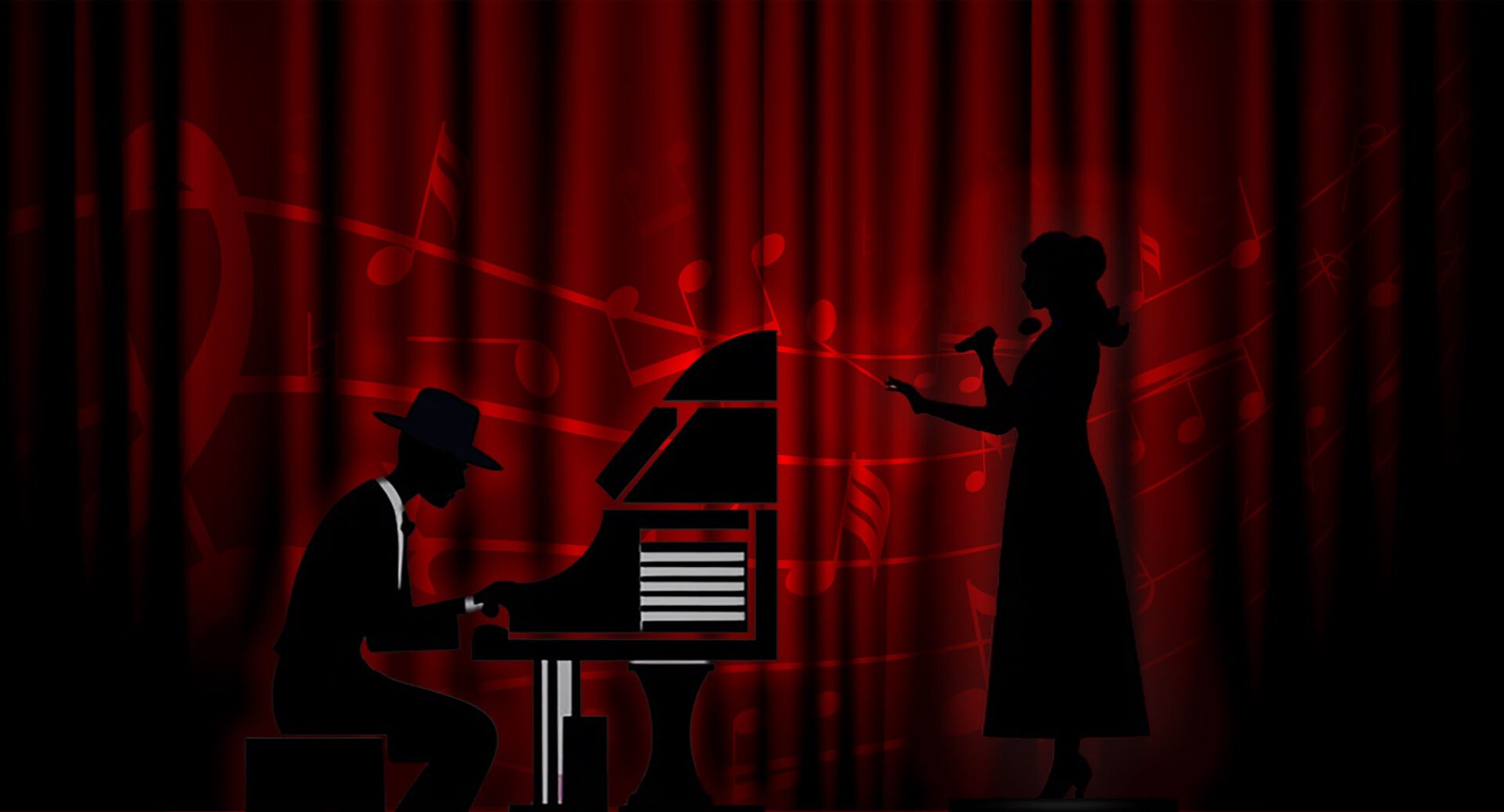 Silhouetted image of 2 people on stage, one singing and the other playing an organ, against a red background.