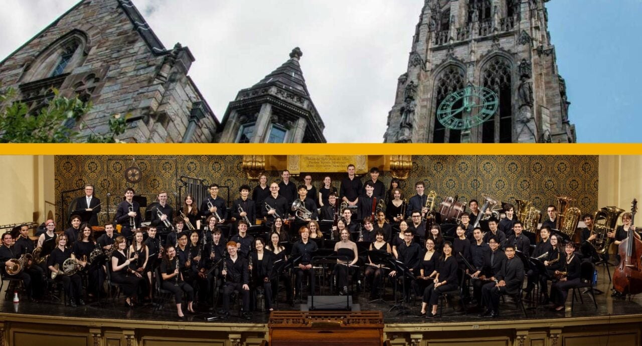 Split image: rooftop of a church-like building of the top-half, and large orchestra of people on the lower half.