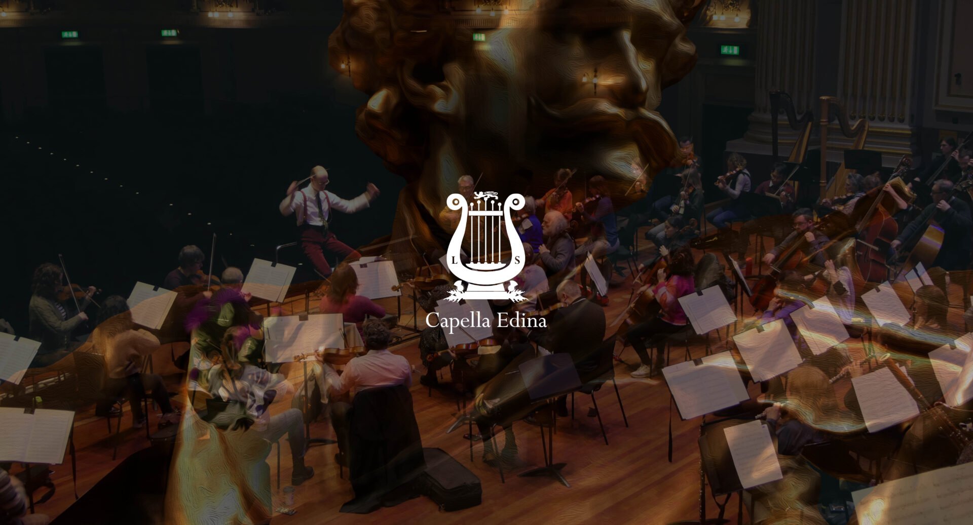 A shot of an orchestra being conducted overlaid with an image of a bronze head. The organisation's logo, a harp, is in the middle of the image