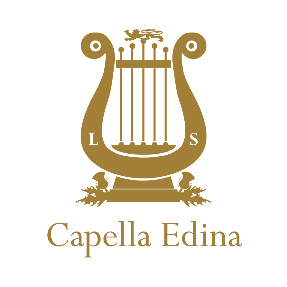 A logo of a gold harp