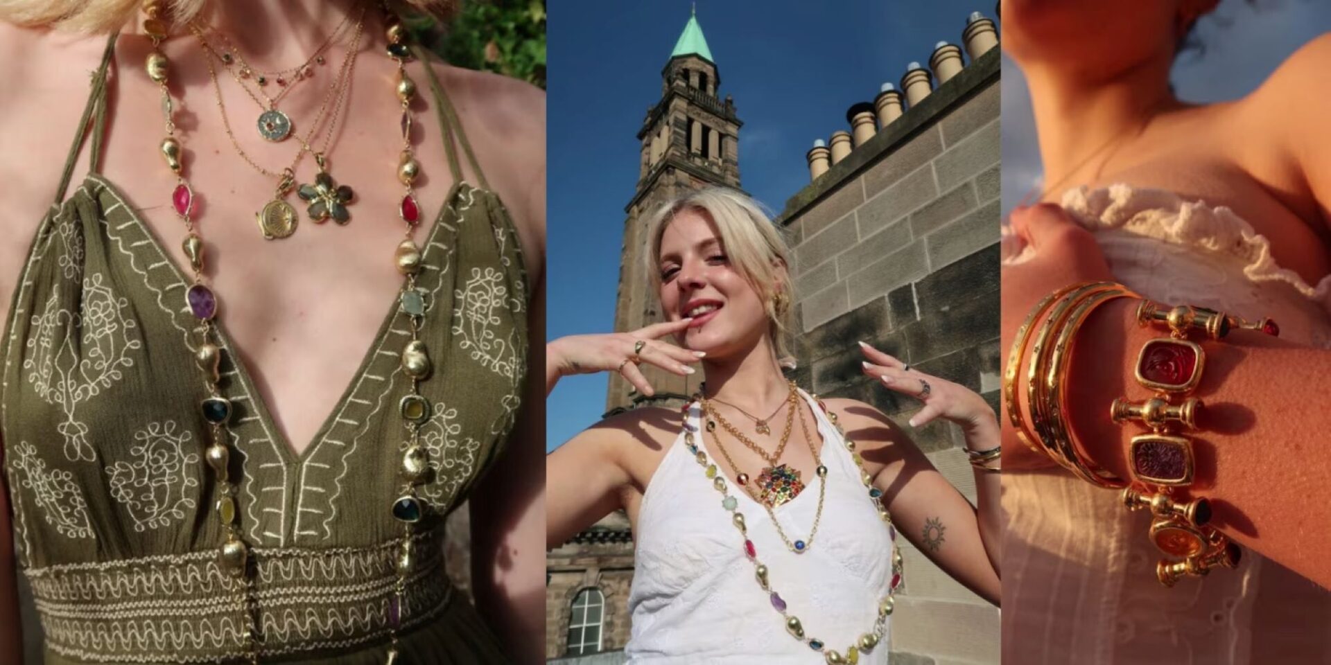 3 images with girls wearing necklaces and bangles.
