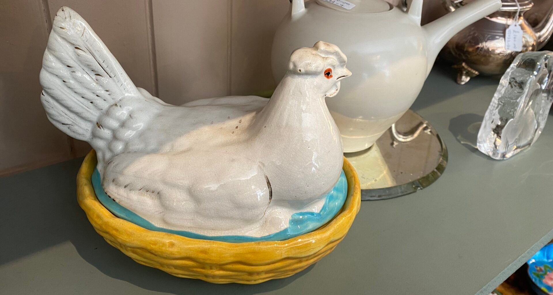 Chicken egg basket with kettle at Folly Antiques