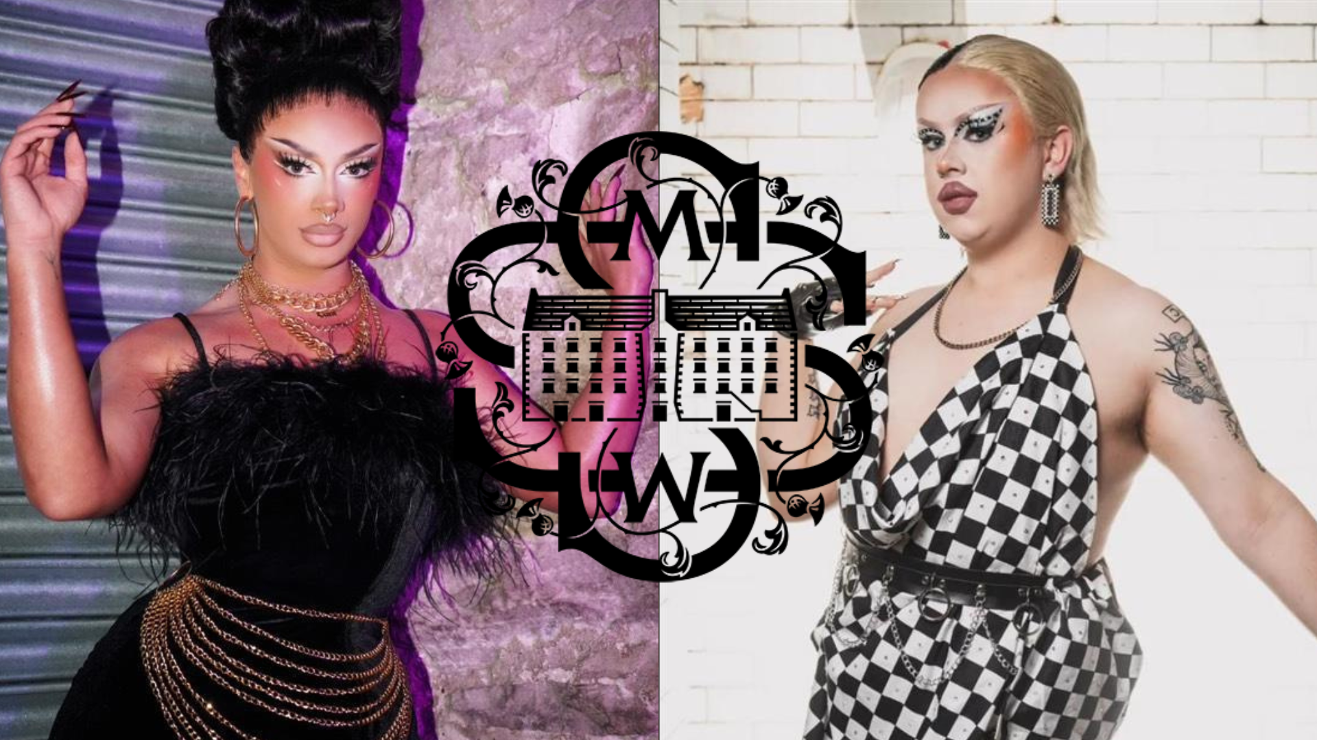 2 drag artists, with black and white dresses and made-up faces.