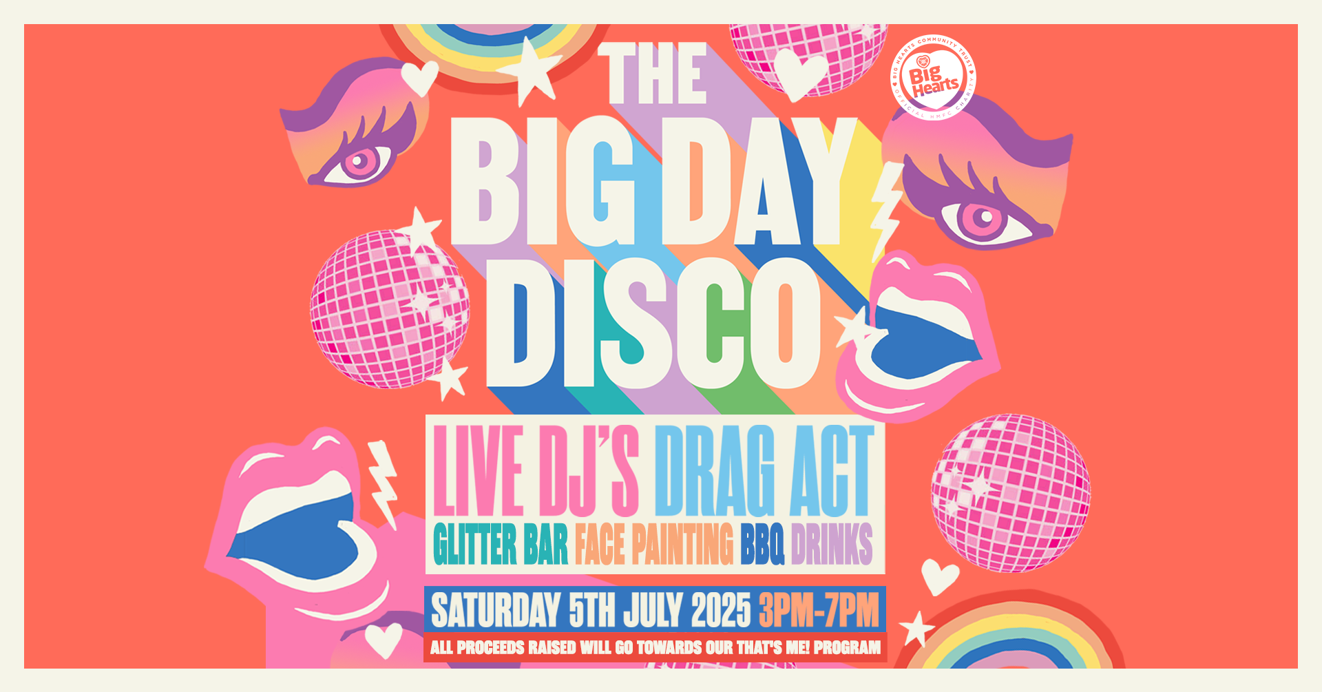 Poster image with orange background, with lips, glitter balls and rainbows.