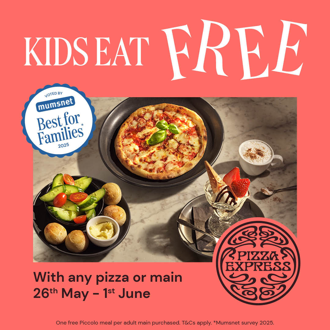 PizzaExpress poster which says Kids Eat free and has images on it of a pizza.