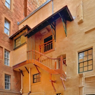 The exterior staircase at Riddles Court