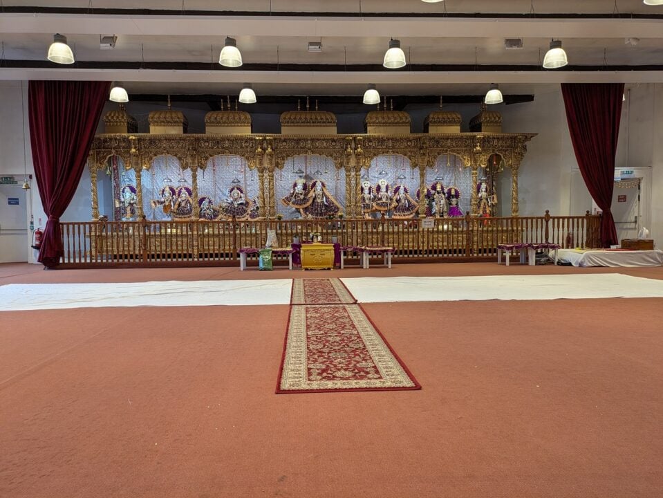 Shrine at Edinburgh Hindu Mandir and Cultural Centre with Murtis statues of deities or goddess.