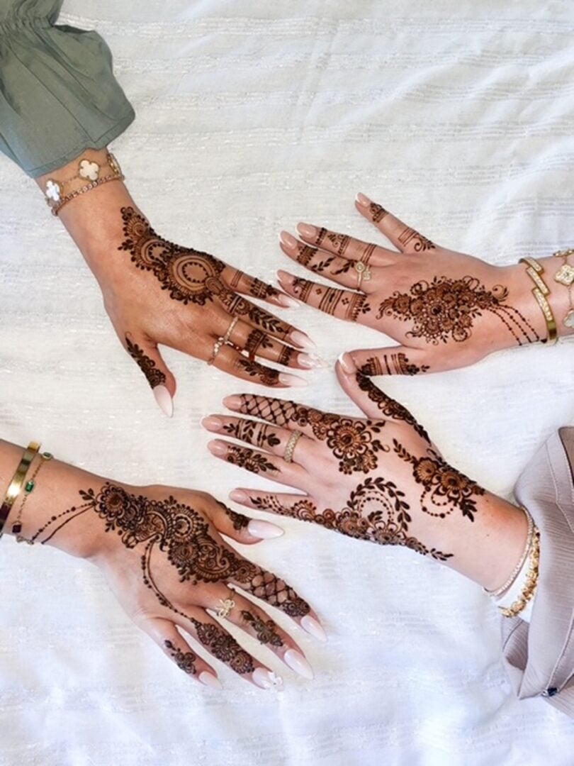 Two womens' hands, covered with henna art