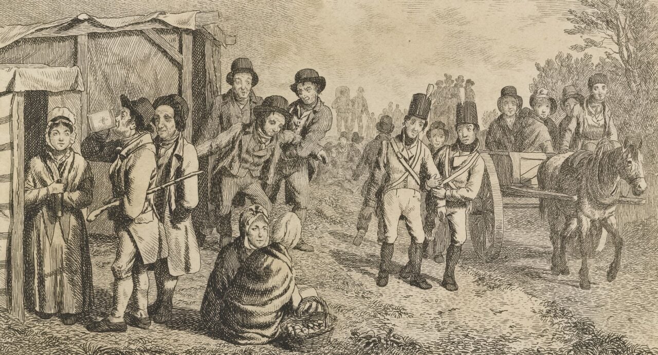 A black and white drawing showing solders, women sitting chatting, a horse pulling a cart full of people, people drinking, and people drunk.