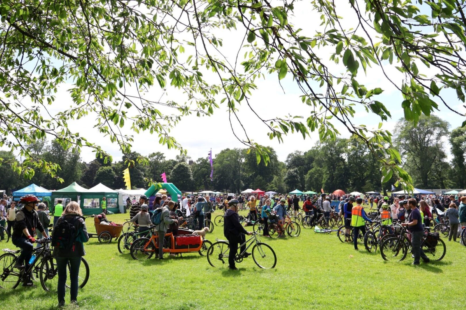 Group of people in a large green park, with bicycles and tents.