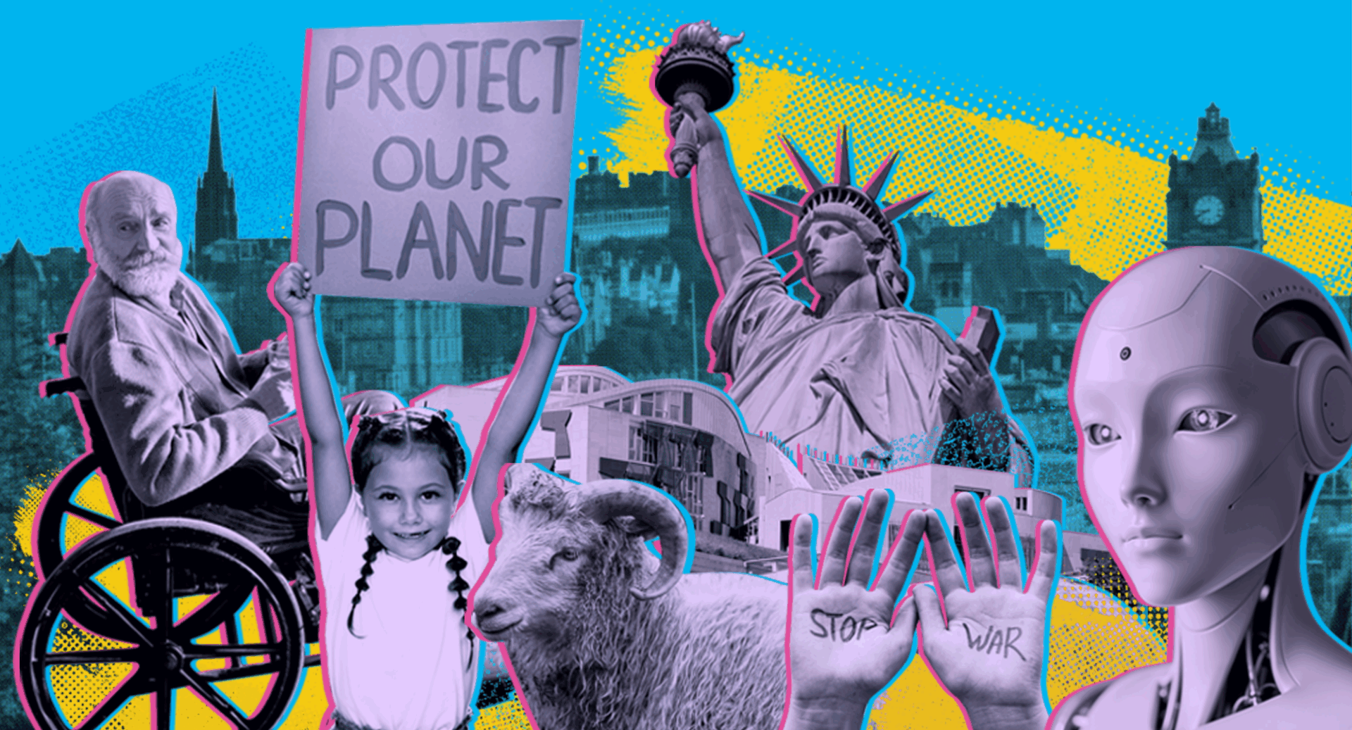 Poster-style image showing an elderly man in a wheelchair, the Statue of Liberty, a sheep and a robot, all against the outline of a city.