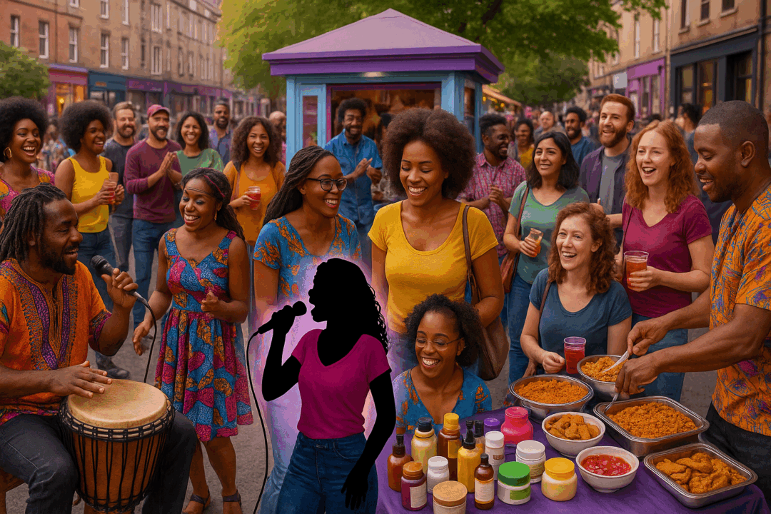 A montage of a guy drumming, and a crowd of people at a food stall, with an image superimposed of a woman singing