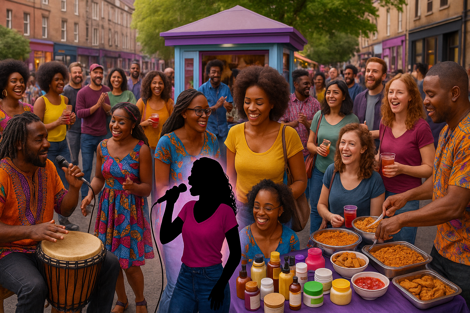 A montage of a guy drumming, and a crowd of people at a food stall, with an image superimposed of a woman singing