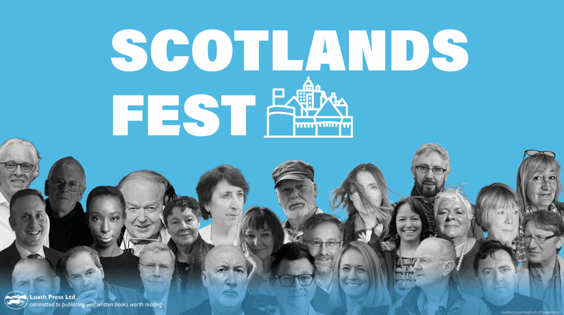 Poster image of lots of heads images of people, in grey. The background in pale blue.