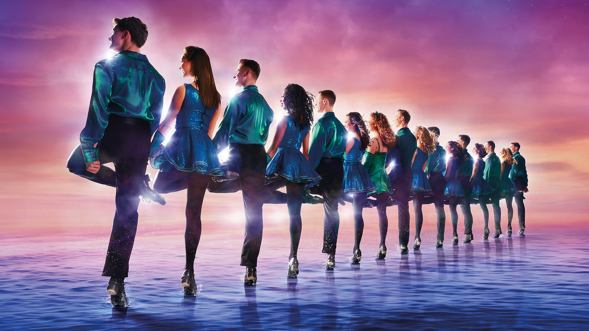 A line of people dancing, against a pink and purple background.
