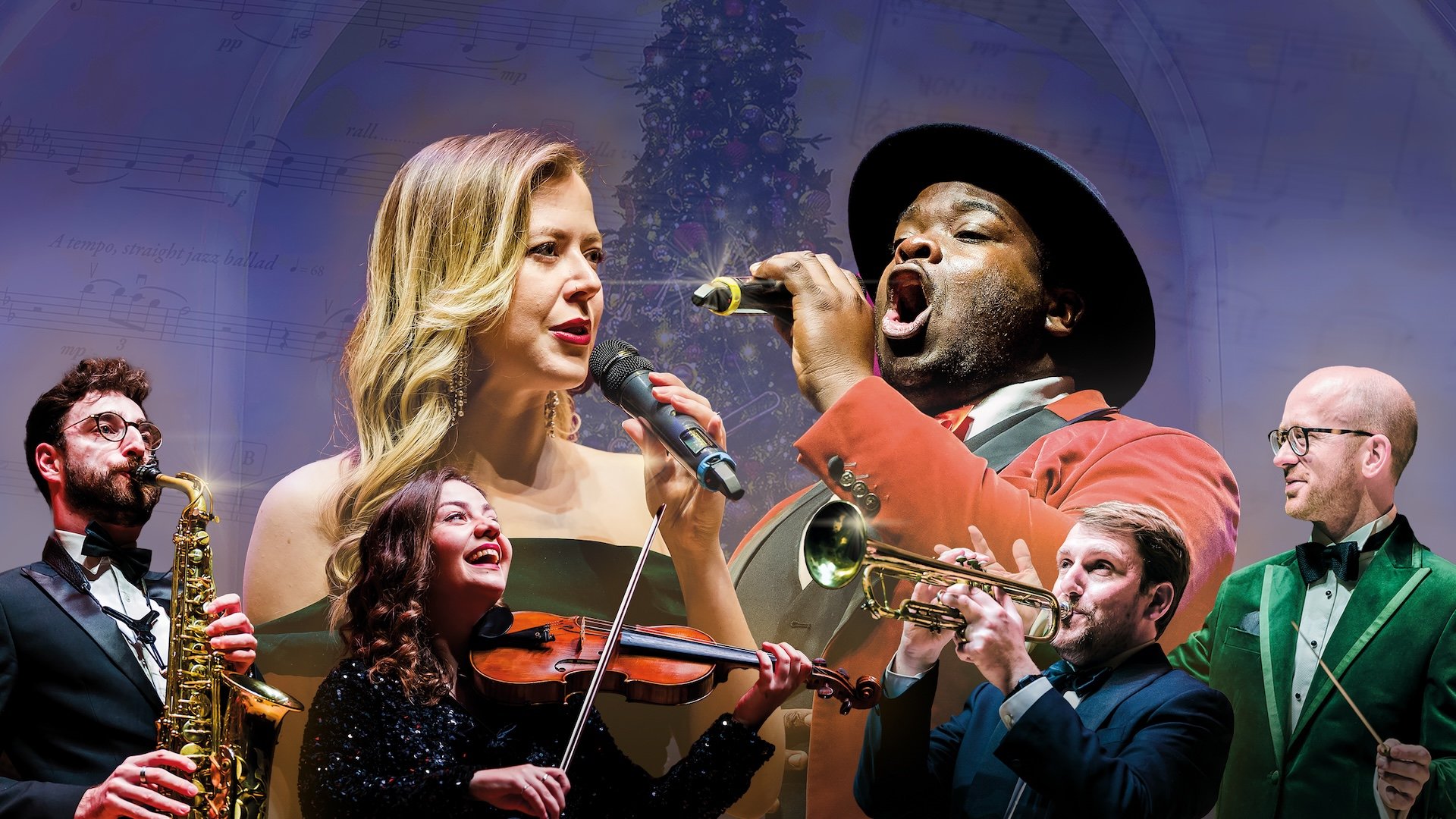 A mixture of musicians on stage, including 2 singers, a saxophonist, violinist and a trumpet player.