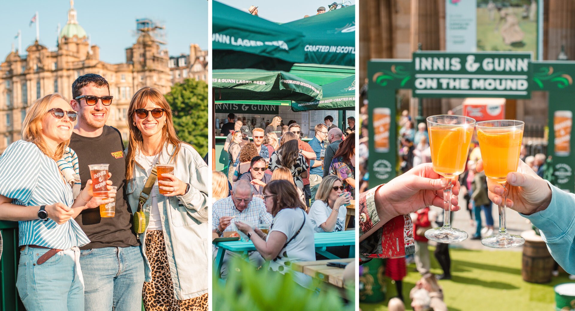 3 images on one showing people enjoying drinks in a sunny outdoor setting.