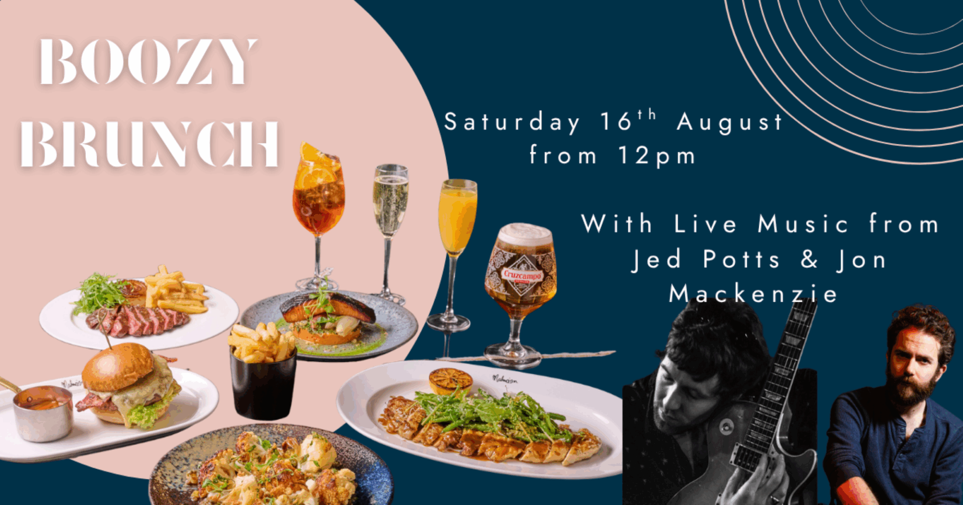 Poster image showing plates of food, drinks and 2 men, one of whom is holding a guitar.