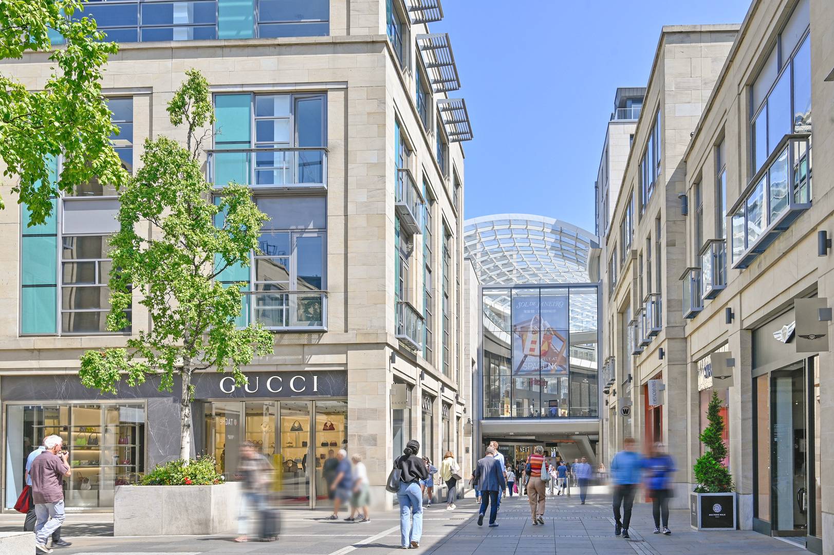 Multrees Walk main square with Gucci store and St James Quarter in the distance ,© Multrees Walk