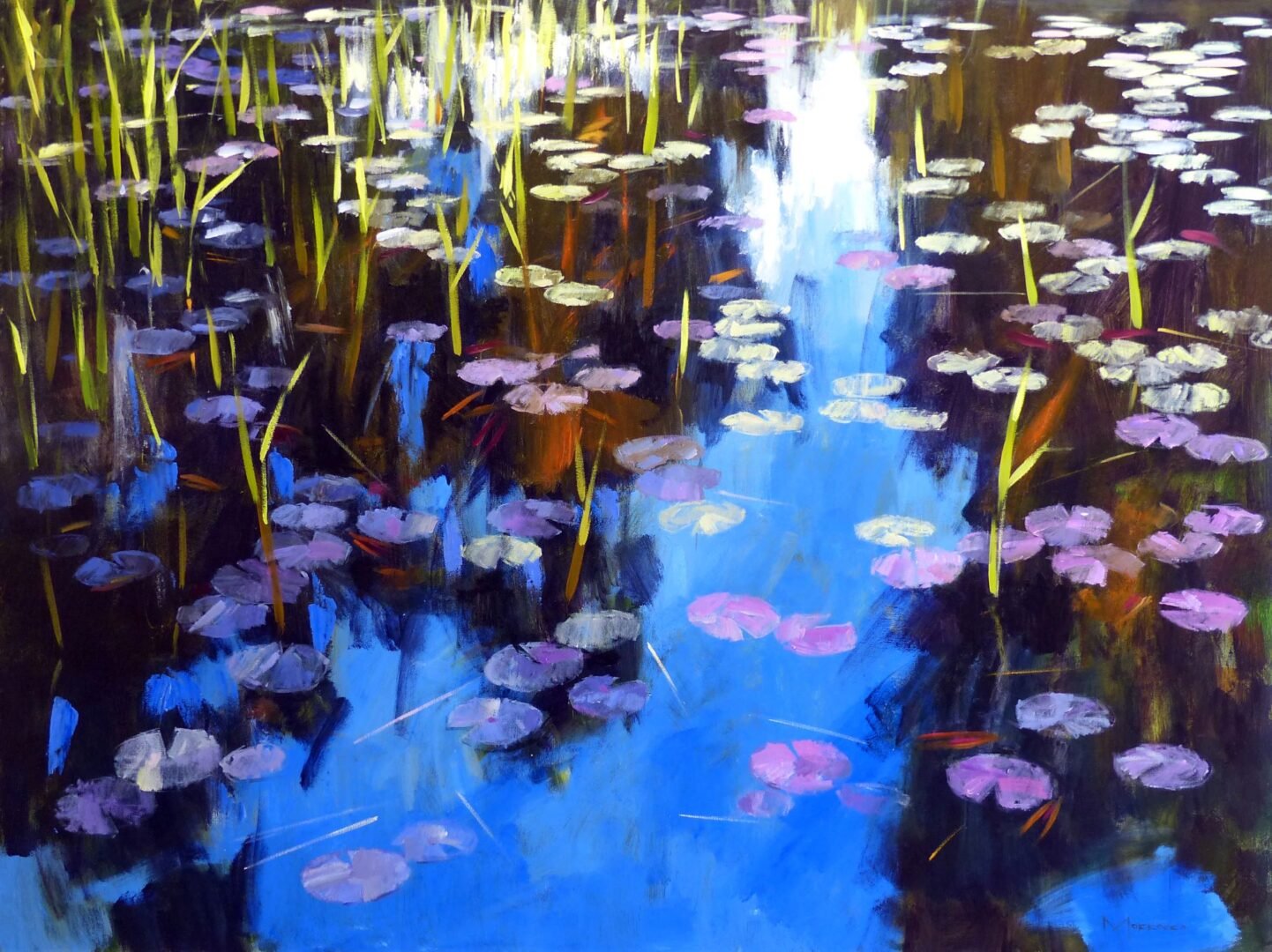 Painting of lily pads, against bright blue water.
