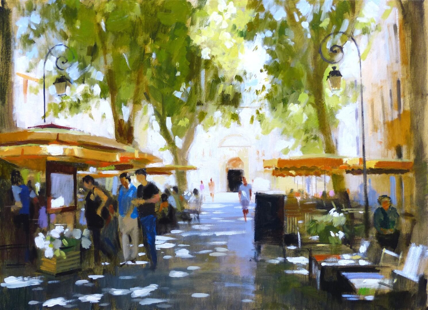 Painting of a street scene with market stalls.