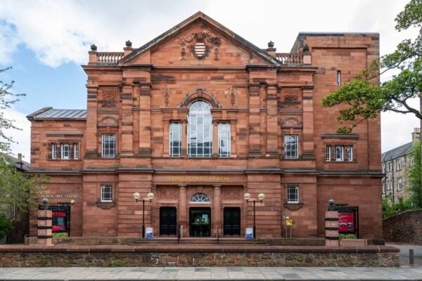 The red sandstone main entrance to Church Hill Theatre