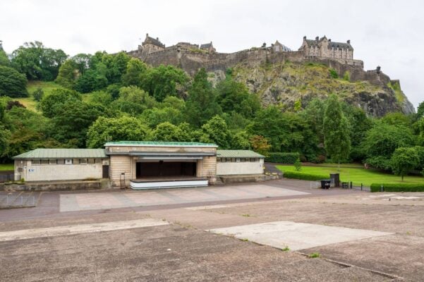 Day time shot of an empty Ross Bandstand beneath Edinburgh Castle