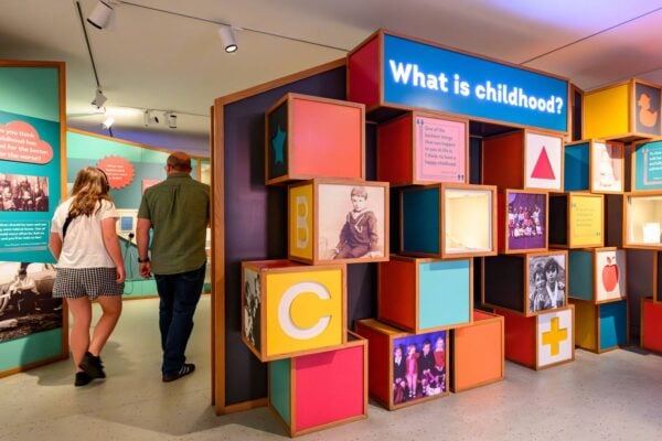 'What is Childhood?' displayed on giant blocks featured at entrance of Museum of Childhood.